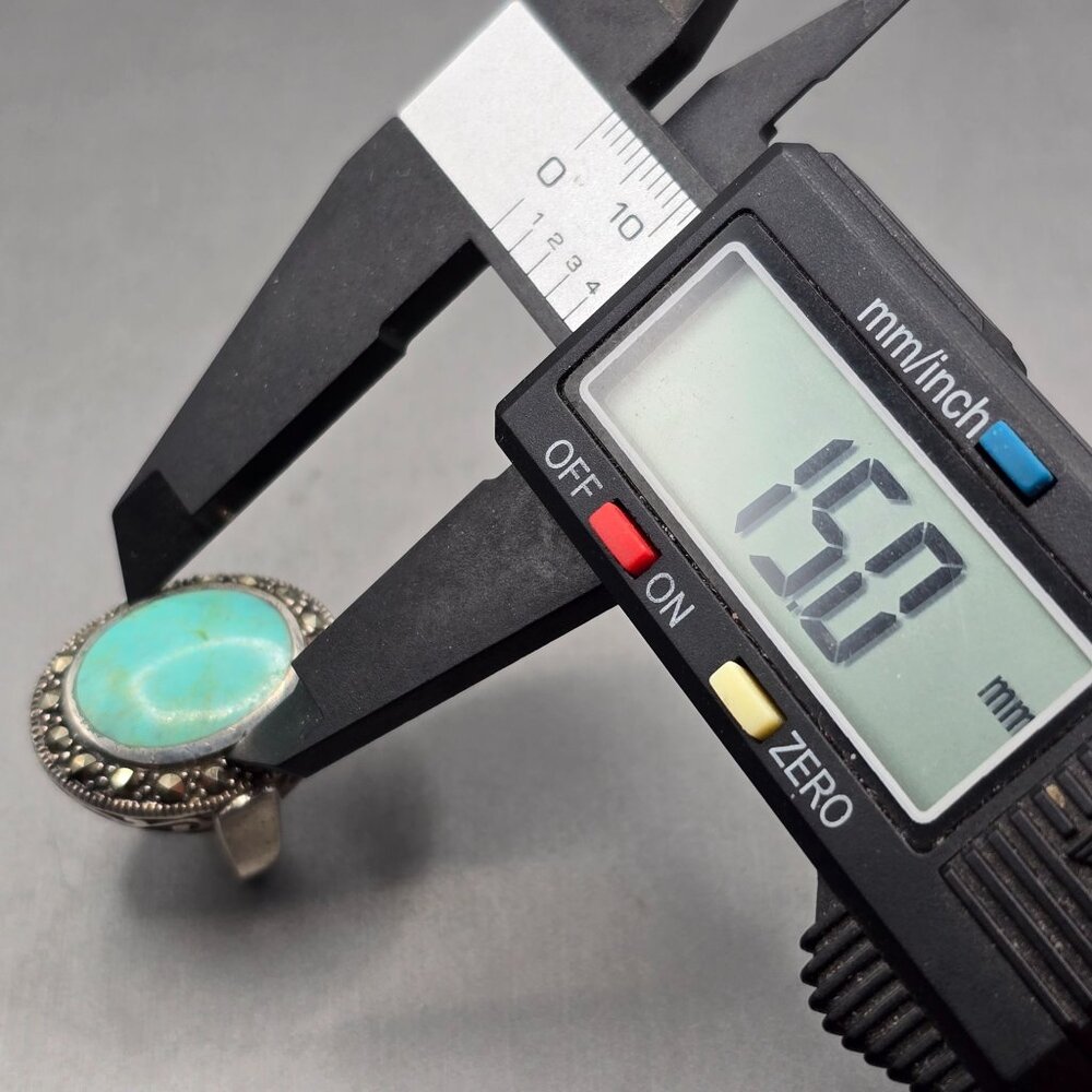 VTG 925 Sterling Silver Turquoise & Marcasite Ring Size 6.5 Signed Filigree - Picture 9 of 11